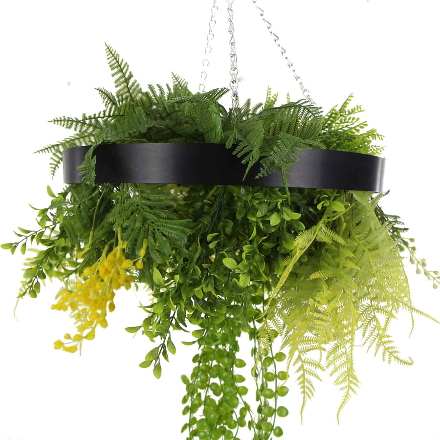 Black Framed Roof Hanging Disc with Draping Life-like Plants 40cm