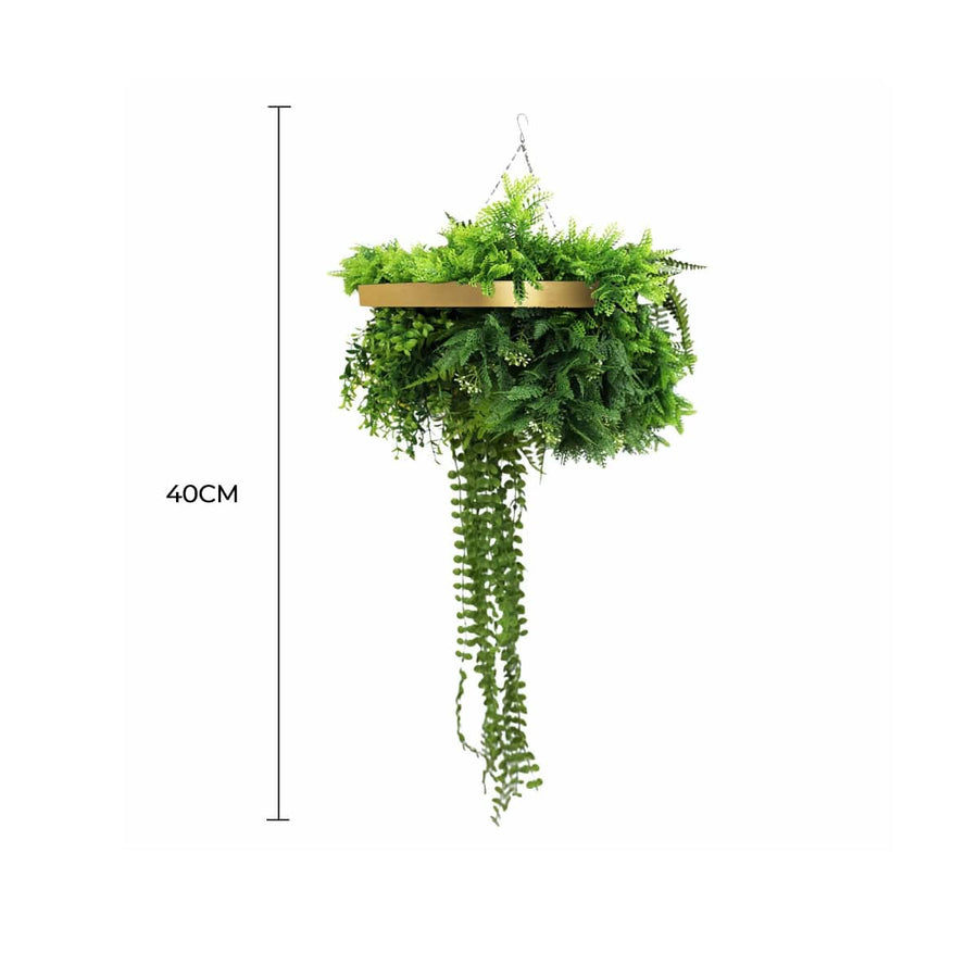 Gold Framed Roof Hanging Disc With Draping Life-Like Plants UV Resistant 40cm