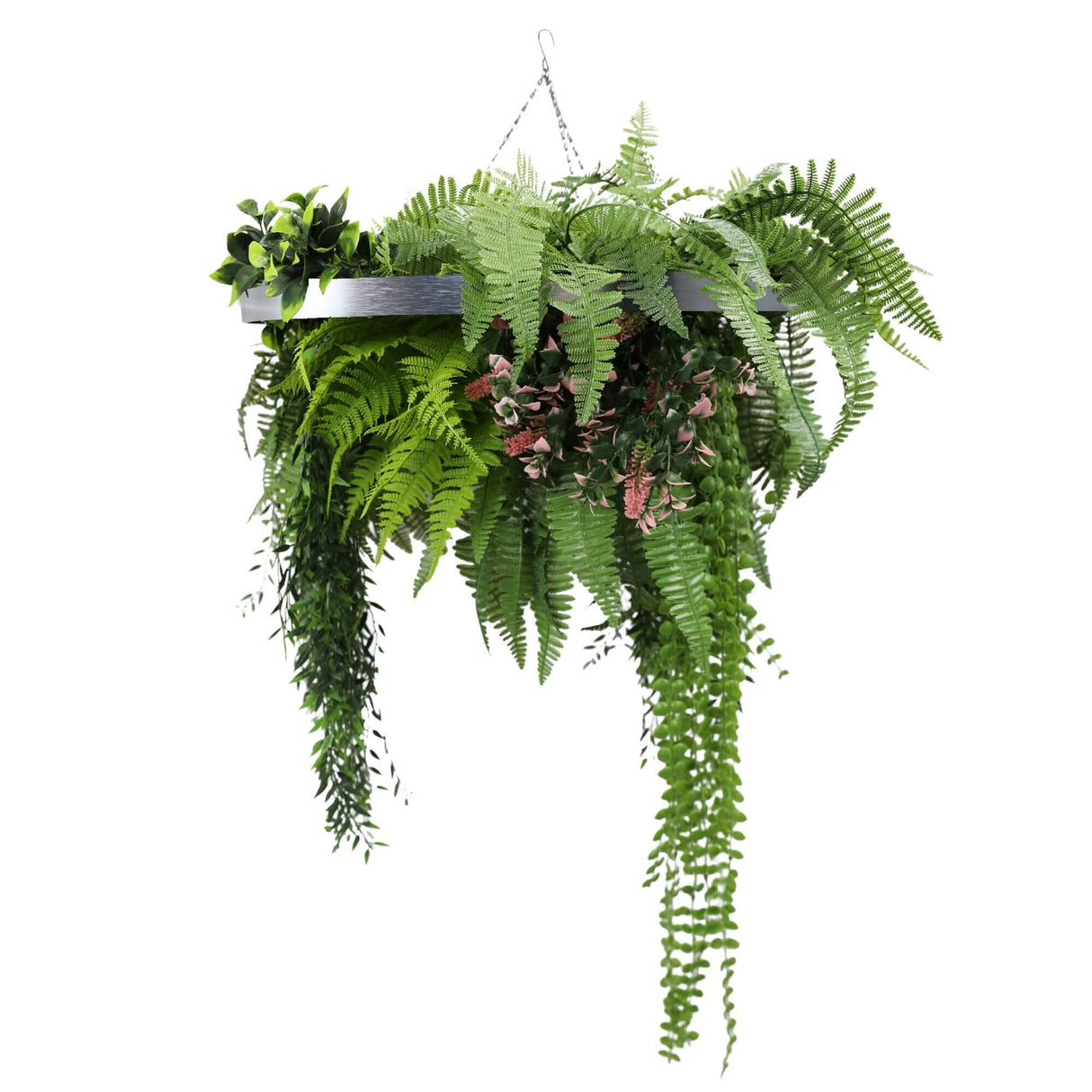 Silver Framed Roof Hanging Disc with Draping Life-Like Plants UV Resistant 60cm