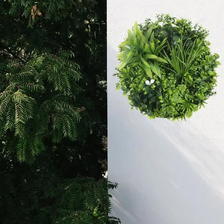 Slimline Flowering White Artificial Green Wall Disc UV Resistant 50cm (Black Frame)