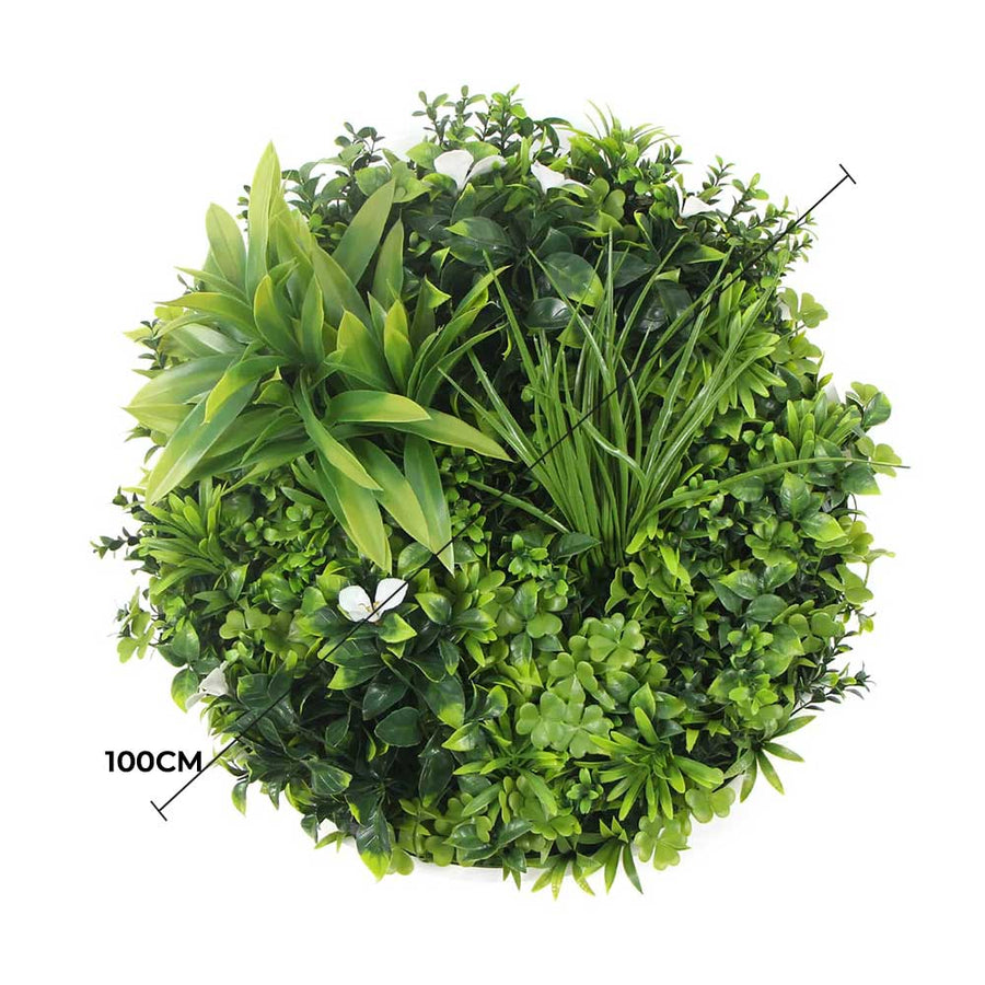 Slimline Flowering White Artificial Green Wall Disc UV Resistant 100cm (White Frame)