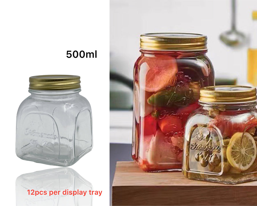 bulk 36 Glass Square Jar W Gold Metal Lid 500ml