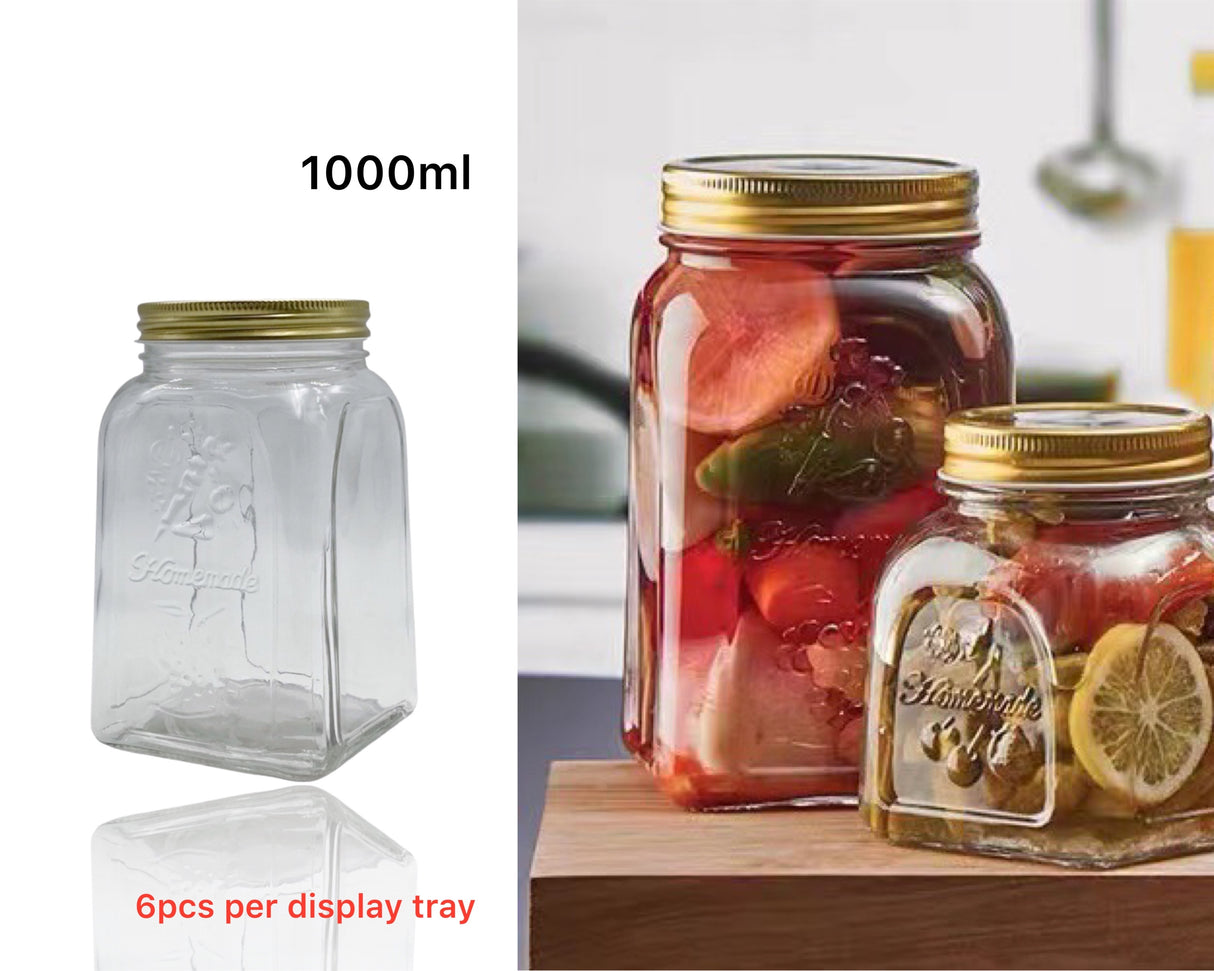 bulk 18 Glass Square Jar w Gold Metal Lid 1000ml