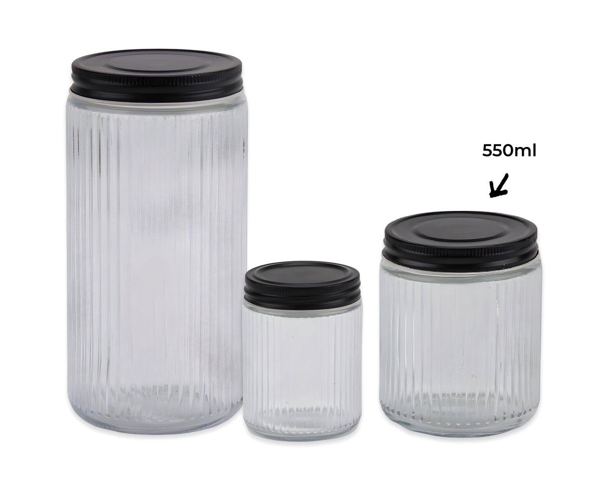bulk 24 Ribbed Glass Jar With Metal Lid 550ml 9x11cm