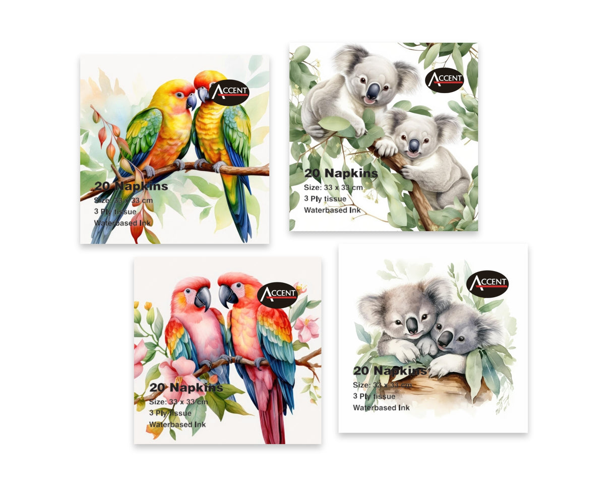 bulk 960 Outback Gems Napkins 2ply 4 Assort 33cm