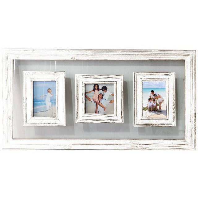 Rustic White 3 Opening Photo Frame w Glass Background 75cm