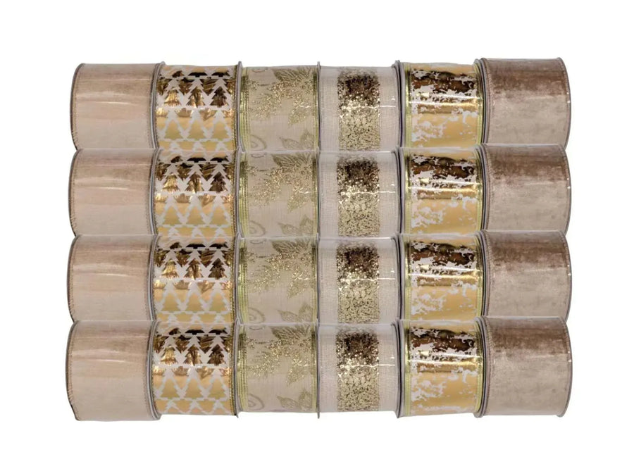 Bulk 24 Xmas Gold Luxe Ribbon 6.3cmx3m 6 Asst