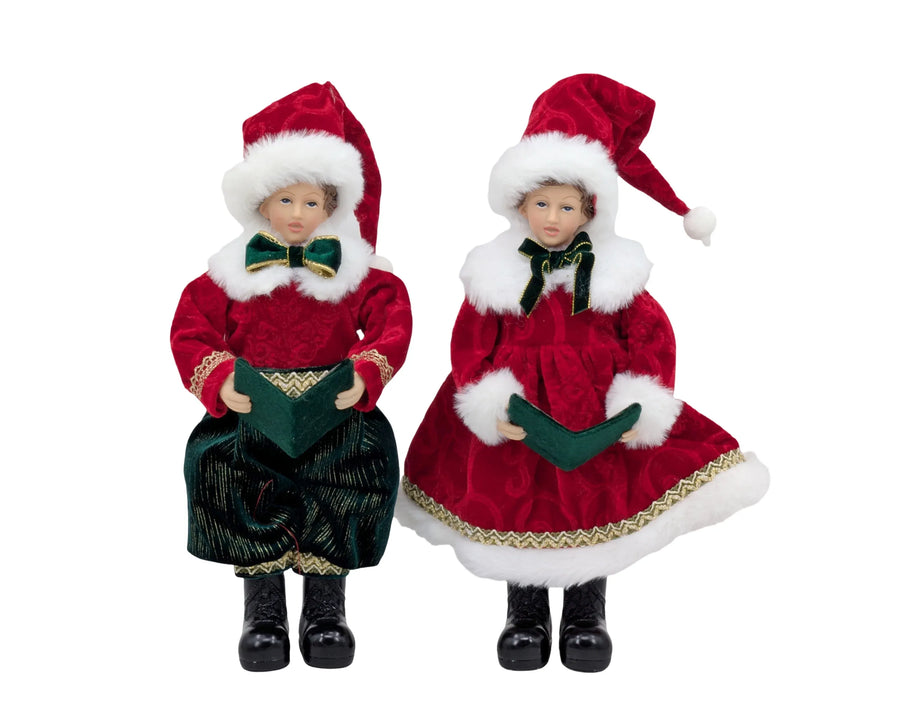 Bulk 4 Xmas Red Velvet Children Caroler 25cm 2 Asst