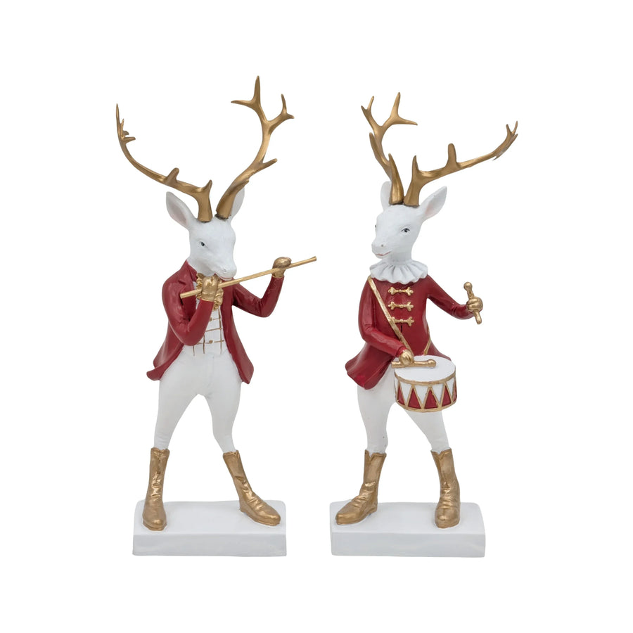 Bulk 8 Polyresin Xmas Reindeer Flutist & Drummer 8x22cm 2 Asst