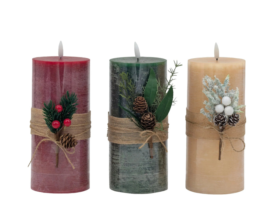 Led Xmas Rustic Pillar Candle 9x20cm 3 Asst