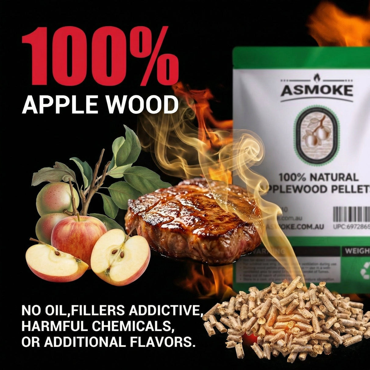 ASMOKE 20lbs x2 Premium Apple Wood Pellets for Smoker & Grill ??Natural Sweet Fruit Flavour BBQ Fuel for Chicken, Pork & Pizza Ovens