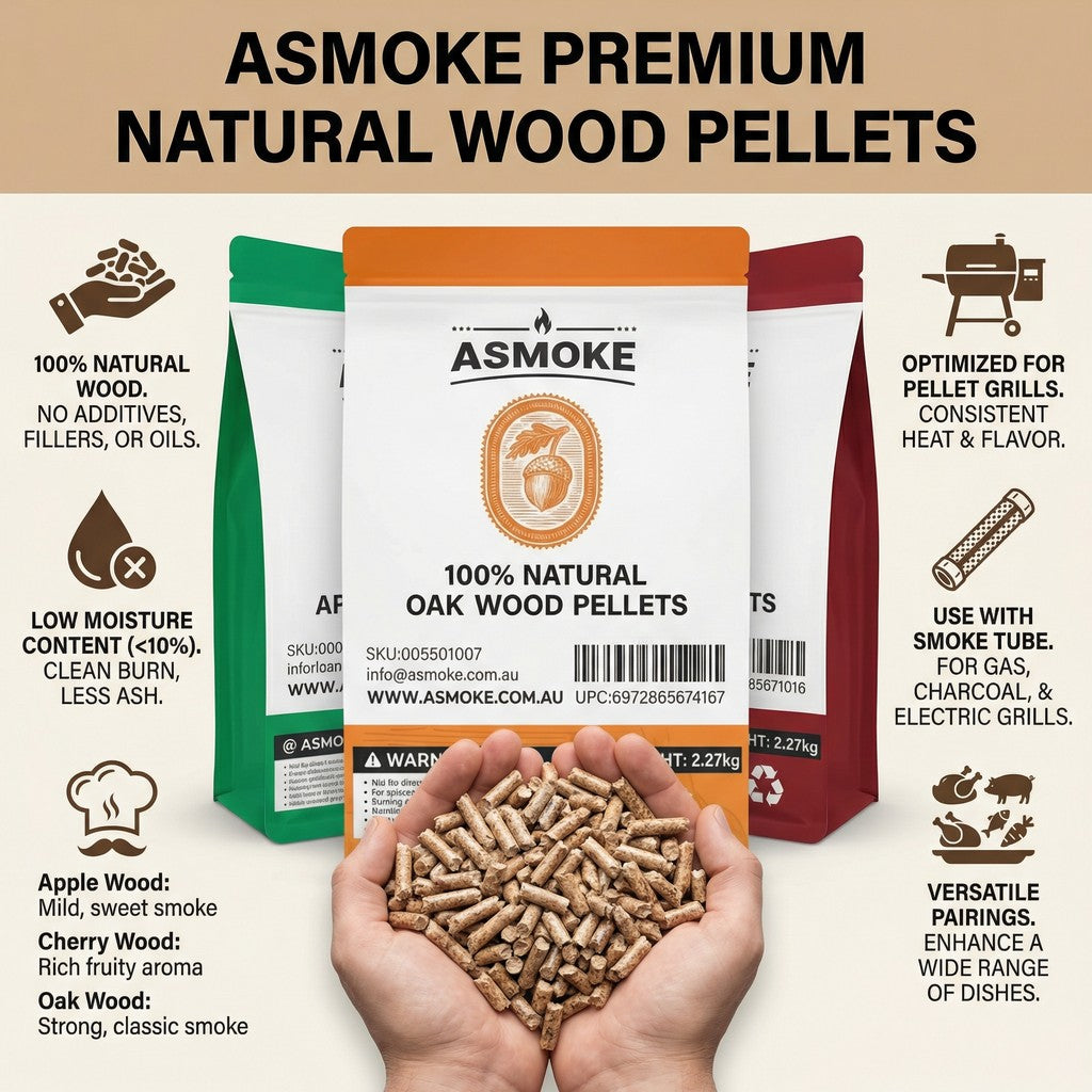 ASMOKE 4-Piece Premium Wood Pellet Variety Pack - Oak, Cherry & 2x Apple (4 x 2.27kg Bags)