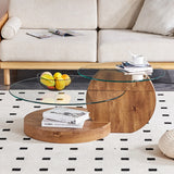 'MINORI' Double Layer Clear Tempered Glass Dark Wood Grain Coffee Table - Front View