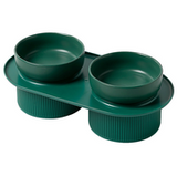 Ribbed Ceramic Double Pet Bowl 3pc Set - White - Front View