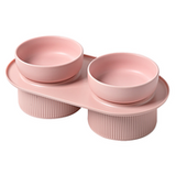 Ribbed Ceramic Double Pet Bowl 3pc Set - White - Side View