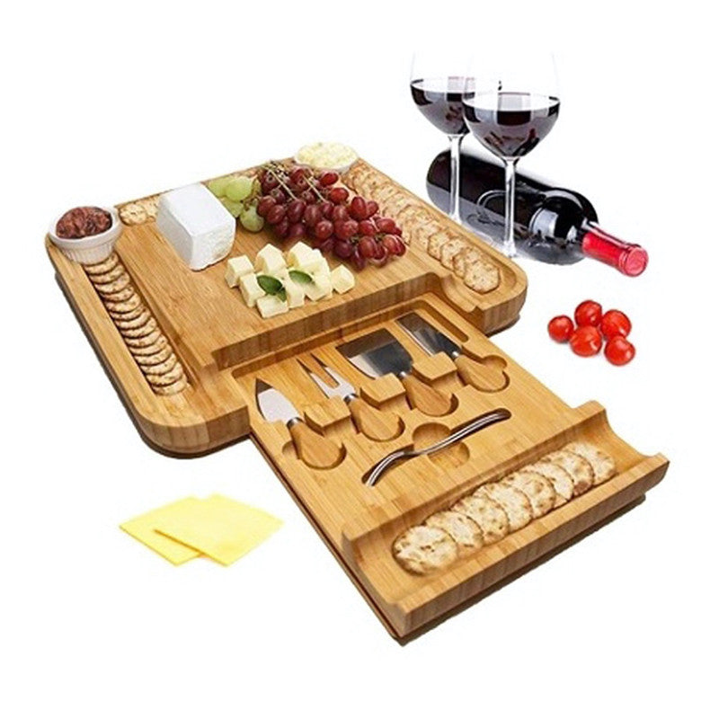 Elegant 9-Piece Bamboo Cheese and Charcuterie Set with Hidden Drawer and Free Shipping