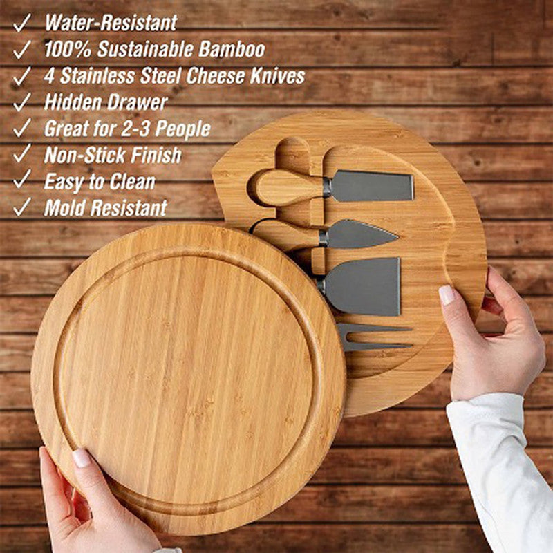 Minnie 5-Piece Round Bamboo Charcuterie Board Set with Hidden Knife Storage - 22cm Free Shipping