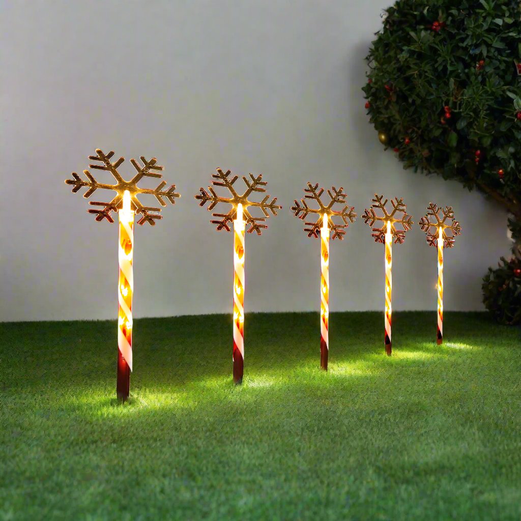 LED Candy Path Lights Set of 5 - Snowflake & Santa Outdoor Decor