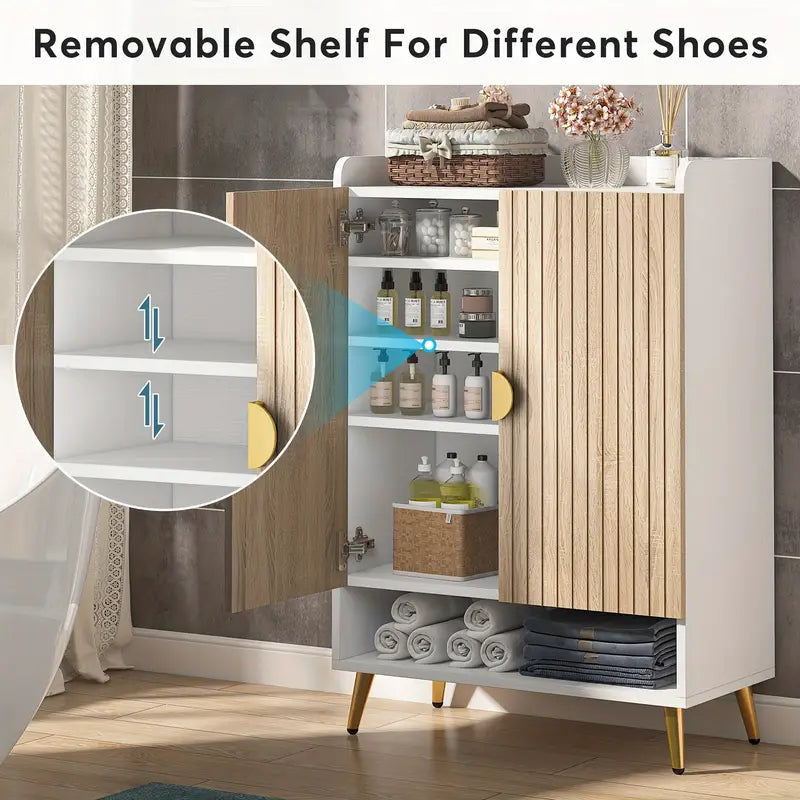 Contemporary 7-Tier Wooden Shoe Cabinet with Gold Accents and Adjustable Shelves