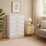 NNECN 5 Layer White Drawer Chest Storage with Bedside Table - Side View