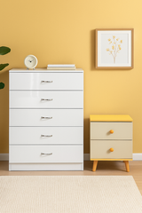 NNECN 5 Layer White Drawer Chest Storage with Bedside Table - 45-Degree Angle