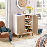 Contemporary 5-Tier Shoe Storage Cabinet with Geometric Doors in White/Natural Finish - Top-Down View
