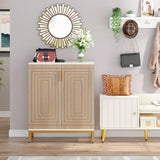 Contemporary 5-Tier Shoe Storage Cabinet with Geometric Doors in White/Natural Finish - 45-Degree Angle