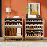 Contemporary 5-Tier Shoe Storage Cabinet with Geometric Doors in White/Natural Finish - Close-Up Angle