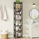 Extra Tall 7-Tier Rustic Brown Narrow Bookshelf for Small Spaces - Side View