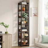 Extra Tall 7-Tier Rustic Brown Narrow Bookshelf for Small Spaces - Rear View