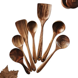 7-Piece Natural Teak Wooden Spoons for Cooking Set - Front View