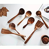 7-Piece Natural Teak Wooden Spoons for Cooking Set - 45-Degree Angle