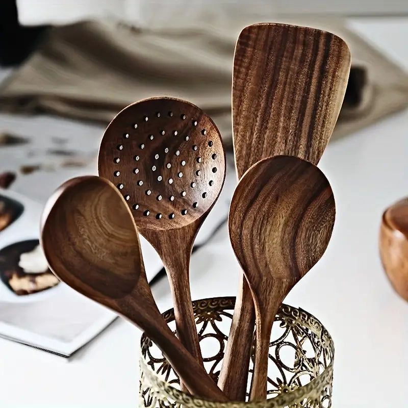 7-Piece Natural Teak Wooden Spoons for Cooking Set