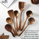 7-Piece Natural Teak Wooden Spoons for Cooking Set - Close-Up Angle