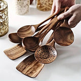 7-Piece Natural Teak Wooden Spoons for Cooking Set - Low Angle
