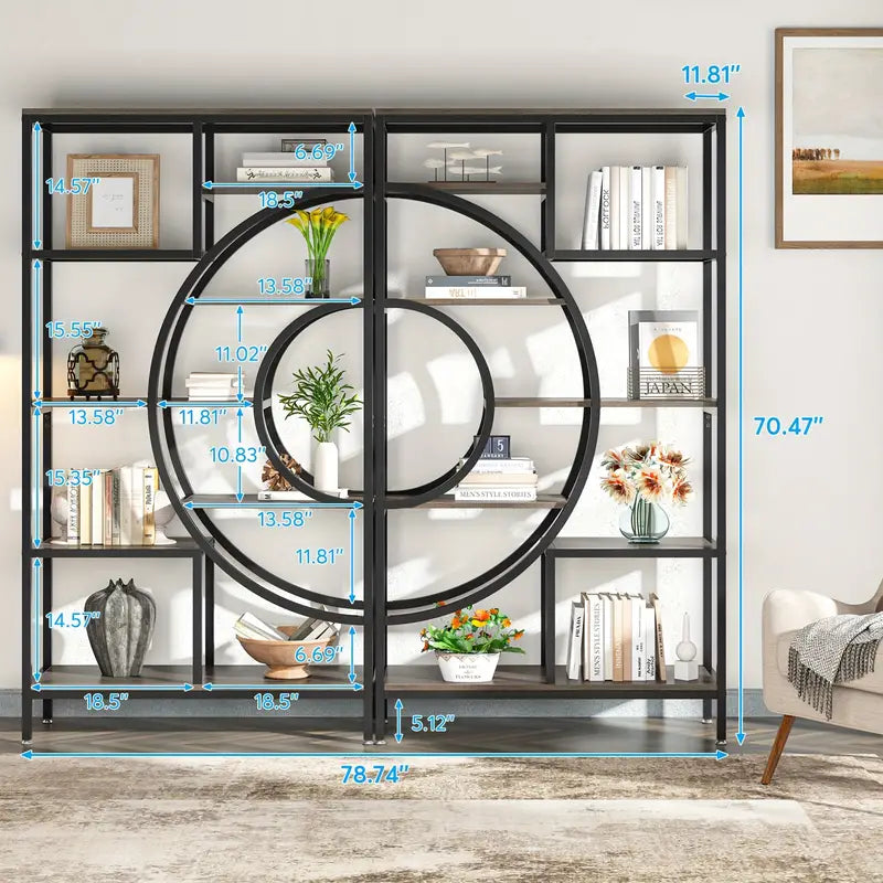 Elegant 8-Tier Industrial Geometric Bookcase with Sturdy Metal Frame - 71-Inch Height