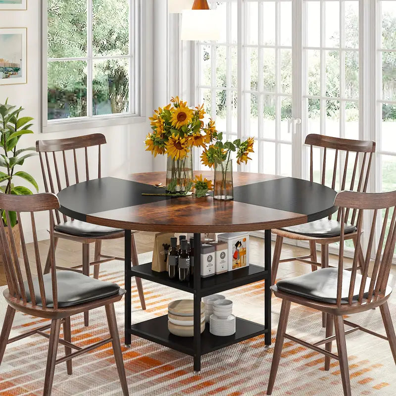 Tribesigns 47-Inch Industrial Round Dining Table - Vintage Brown & Black Finish