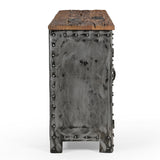 VINTAGE IRON LOCKER SIDEBOARD WITH RECLAIMED RAILWAY SLEEPER WOOD - Close-Up Angle
