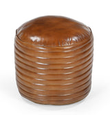 CARAMEL GROOVED LEATHER OTTOMAN - Front View