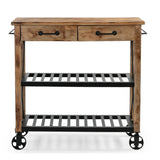 HARDWOOD BUTLERS TROLLEY ON WHEELS DISTRESSED FINISH - Close-Up Angle