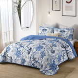 Blossoming Peony Garden blue white 3 Pc Bedspread & Pillow Cover Set - Front View