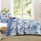 Blossoming Peony Garden blue white 3 Pc Bedspread & Pillow Cover Set - Side View