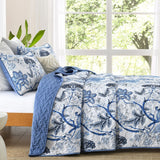 Blossoming Peony Garden blue white 3 Pc Bedspread & Pillow Cover Set - Top-Down View