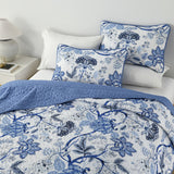 Blossoming Peony Garden blue white 3 Pc Bedspread & Pillow Cover Set - Rear View