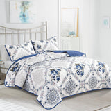 Rich white blue Elegant 3 Pc Bedspread & Pillow Cover Set - Front View