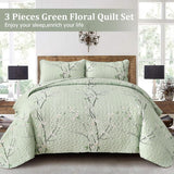 Chic green Floral Quilted 3 Pc Bedspread & Pillow Cover Set - Front View