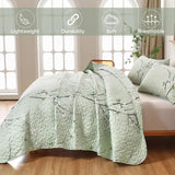Chic green Floral Quilted 3 Pc Bedspread & Pillow Cover Set - Top-Down View