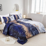 Blue Marble Comforter Set, King Size, Retro Watercolor 3-Piece Bedding Ensemble