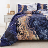 Blue Marble Comforter Set, King Size, Retro Watercolor 3-Piece Bedding Ensemble - Side View