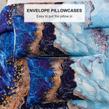 Blue Marble Comforter Set, King Size, Retro Watercolor 3-Piece Bedding Collection - Rear View